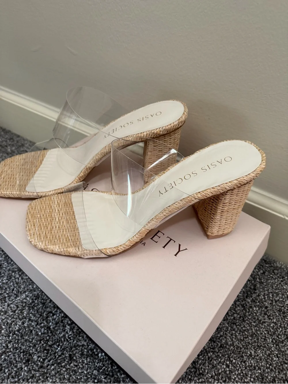 Oasis Society Clear-Strap Natural Woven Block Heel Mules
